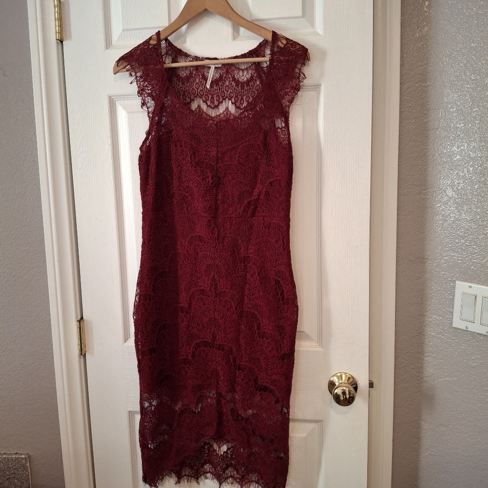 Free People Intimately Free Dress Sz M Lace Slip Midi Bodycon Sheer Burgundy